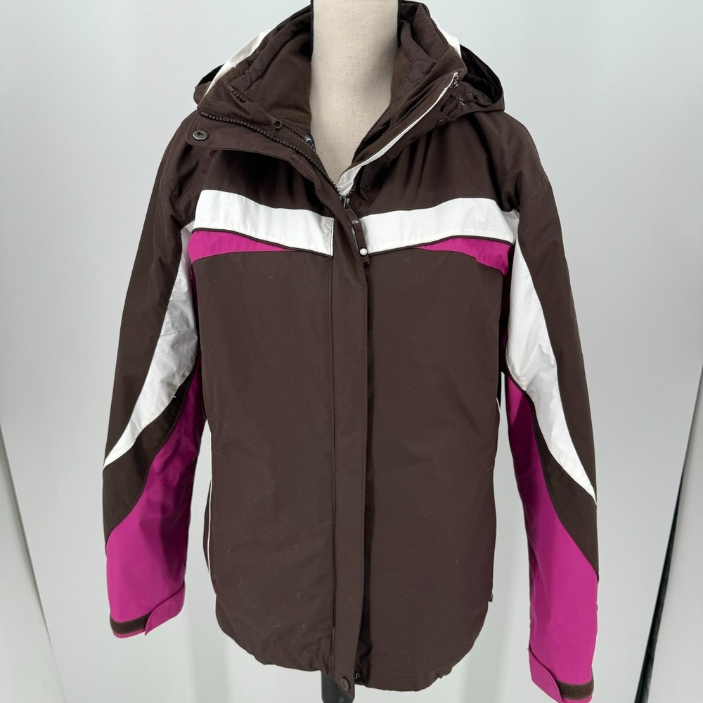 Columbia Interchange Ski Jacket WOMENS Brown Pink Full Zip Hooded Snow Winter L - Picture 15 of 15